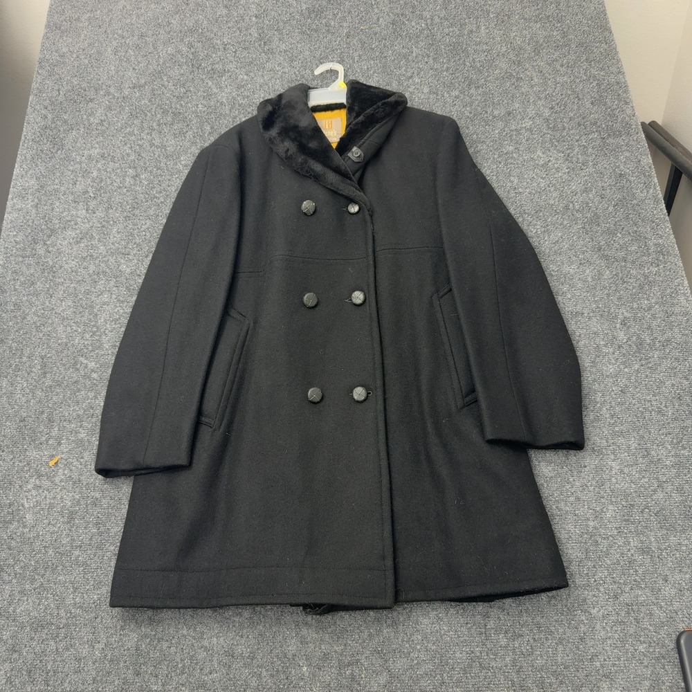 Vintage Mighty-Mac Pea Coat Mens XL Black Wool Faux Fur Collar Classic Winter
